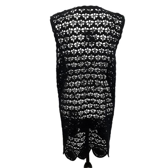 Vintage 80s Crochet Cardigan Black Bohemian Duster Knit Vest Lagenlook Festival - Picture 3 of 12